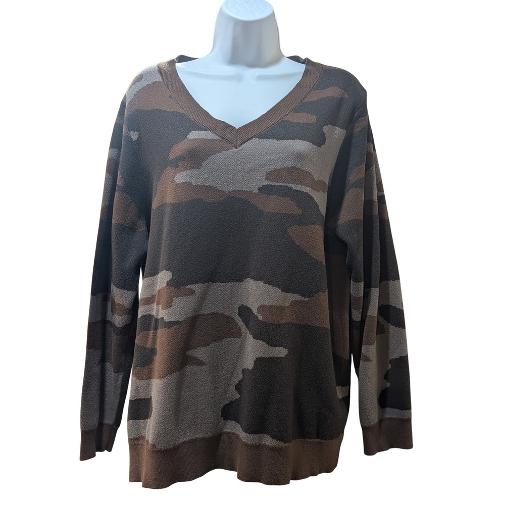 Belle By Kim Gravel Brown‎ Camo V-Neck Long Sleeve Sweater Top Women's Size L